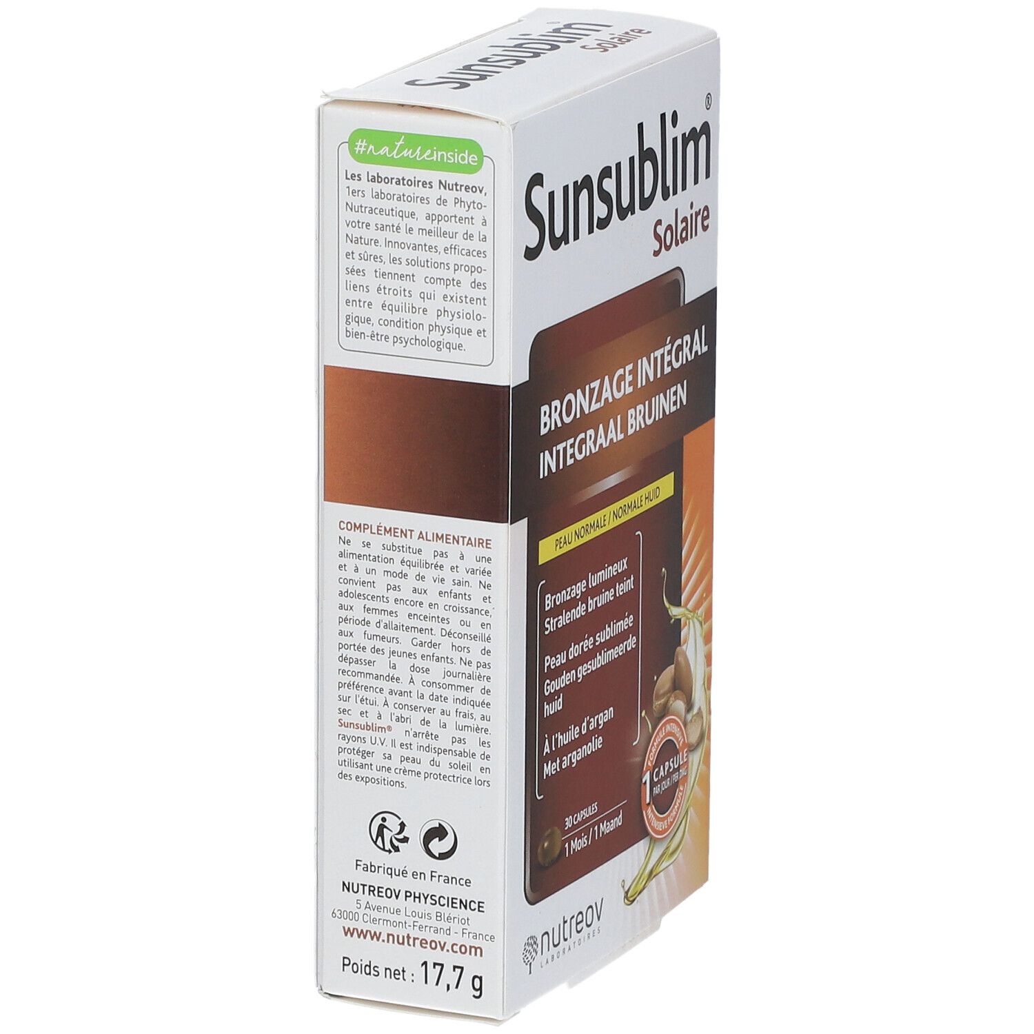 Boîte Sunsublim Solaire, vue latérale. Contient des informations sur le produit et les ingrédients. Poids : 17,7 g.