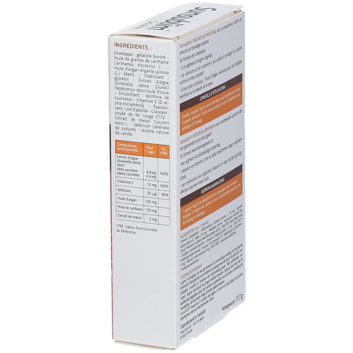 Vue latérale de la boîte Sunsublim Solaire. Affiche les ingrédients et les informations nutritionnelles. Poids : 17,7 g.