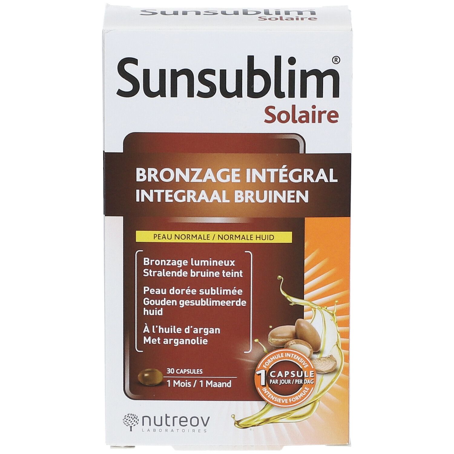 Boîte de Sunsublim Solaire. Contient 30 capsules. Inscription: Bronzage Integral, Peau Normale. Avec huile d'argan.