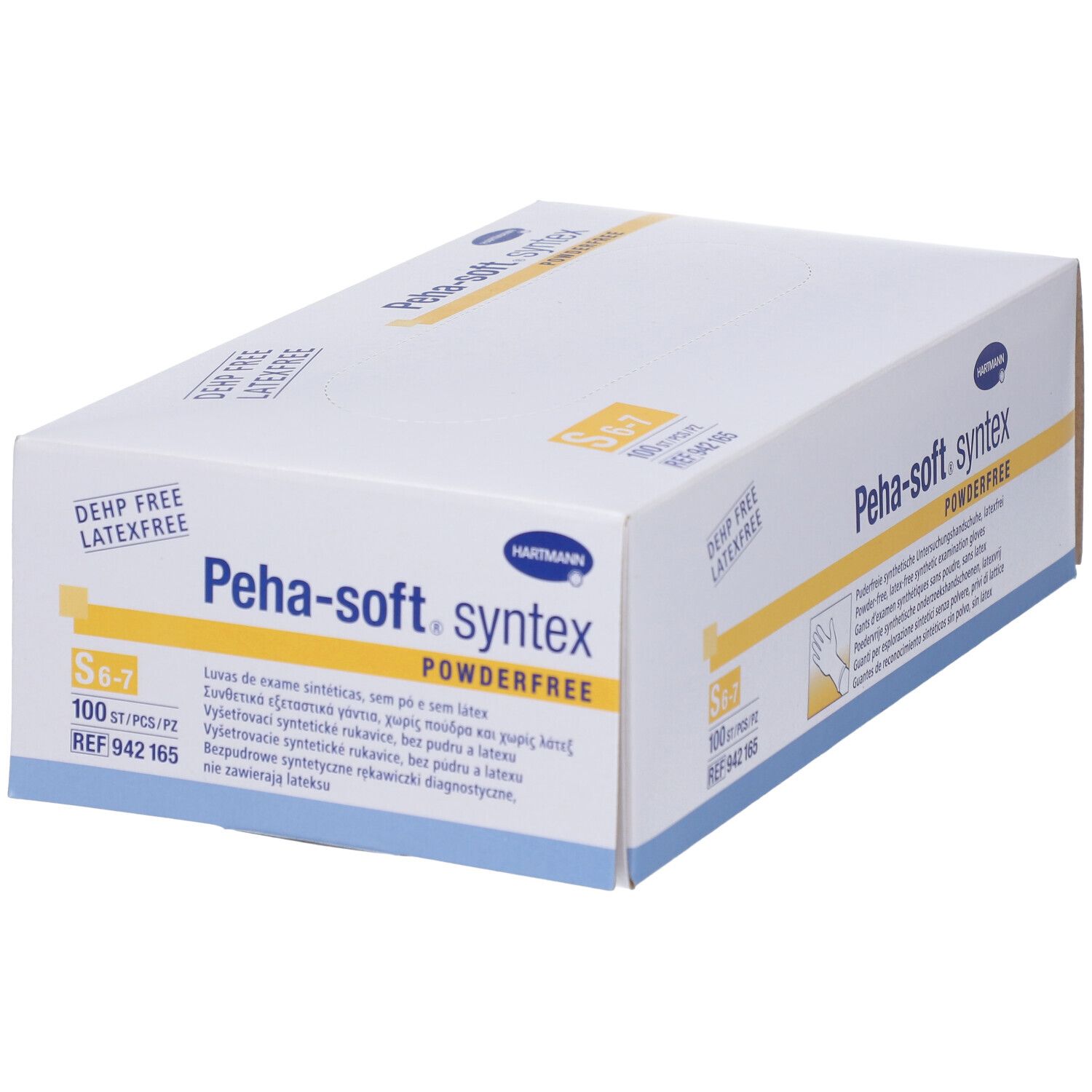 Boîte de gants d'examen Peha-soft syntex powderfree S. Taille S 6-7, 100 pièces. Sans latex et DEHP.