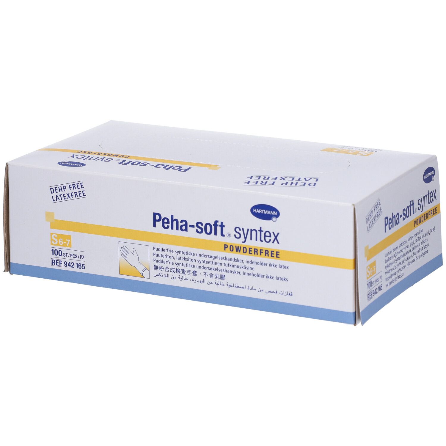 Boîte de gants d'examen Peha-soft syntex powderfree S. Taille S 6-7, 100 pièces. Sans latex et DEHP.