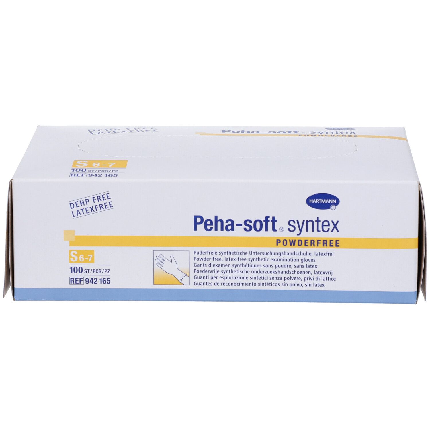 Boîte de gants d'examen Peha-soft syntex powderfree S. Taille S 6-7, 100 pièces. Sans latex et DEHP.