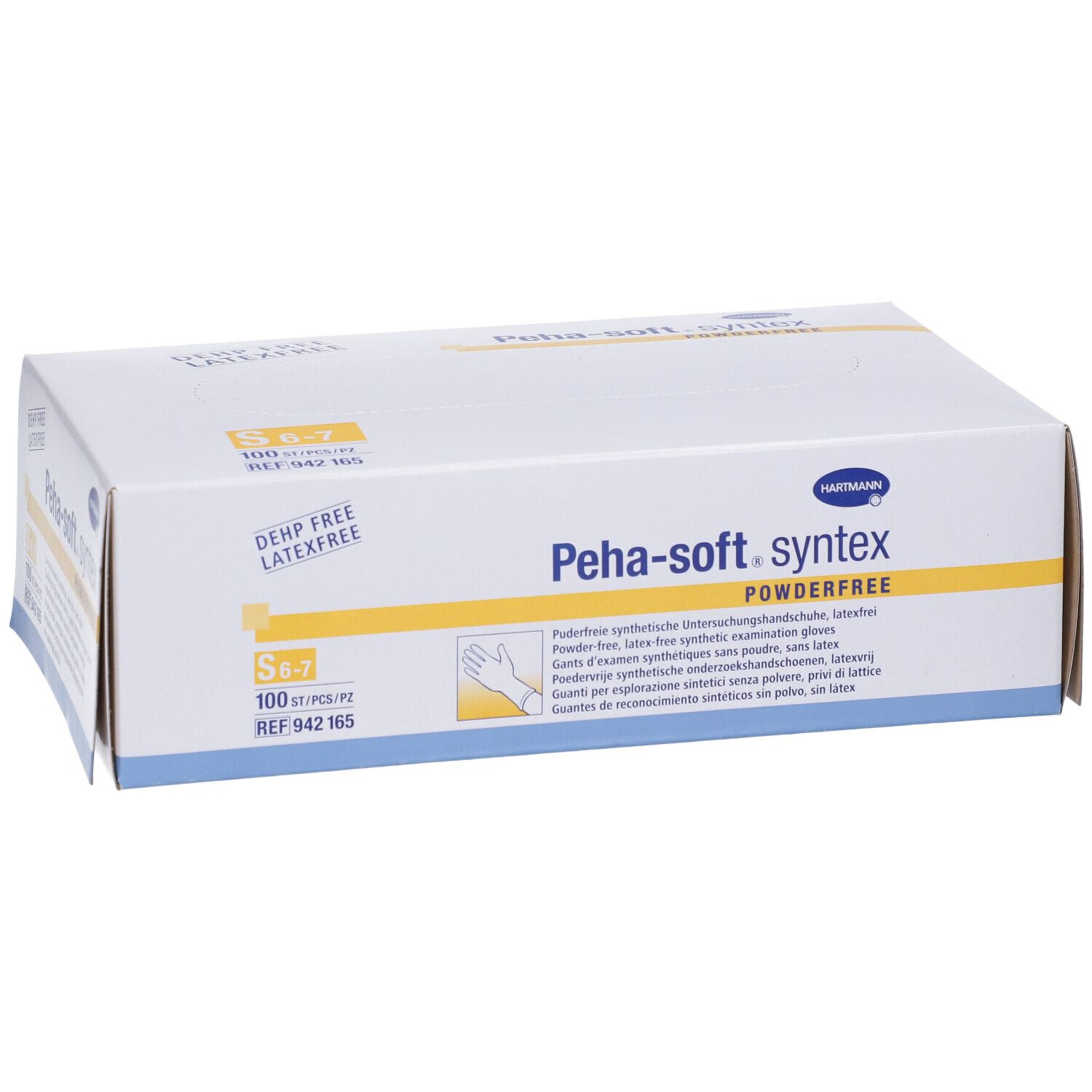 Boîte de gants d'examen Peha-soft syntex powderfree S. Taille S 6-7, 100 pièces. Sans latex et DEHP.
