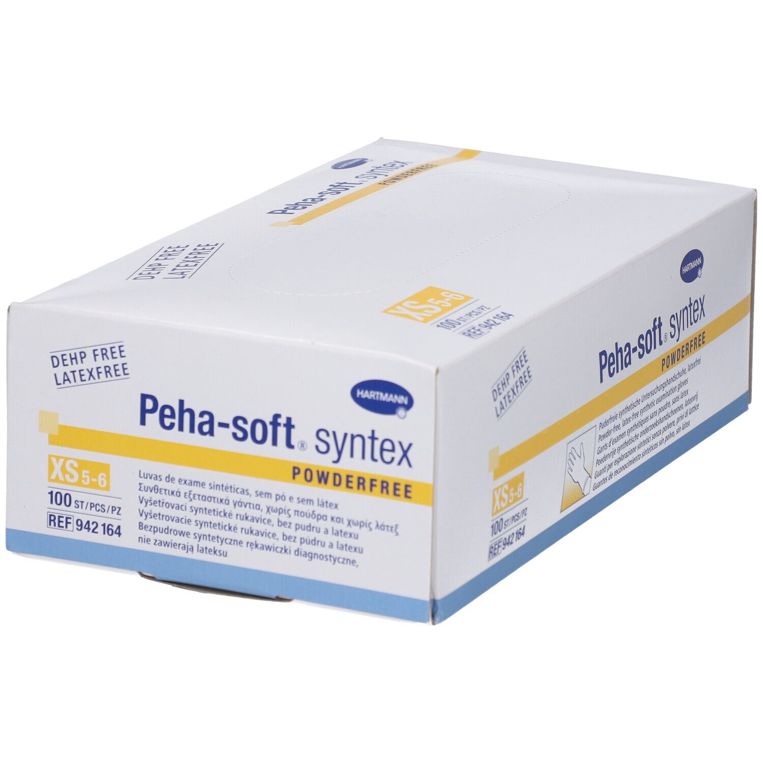 Boîte de gants Peha-soft syntex powderfree XS. Inscriptions: DEHP free, sans latex, 100 pièces, REF 942 164.