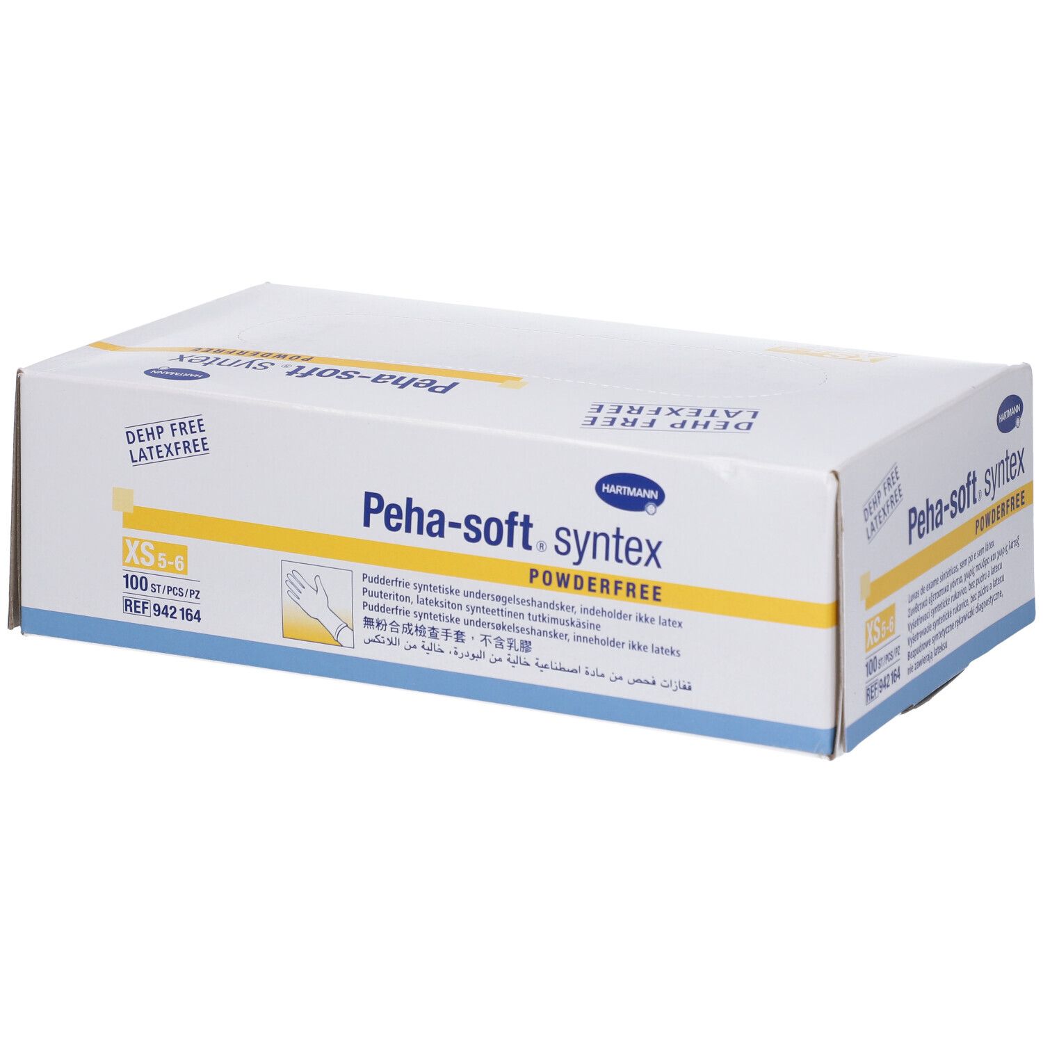 Boîte de gants Peha-soft syntex powderfree XS. Inscriptions: DEHP free, sans latex, 100 pièces, REF 942 164.
