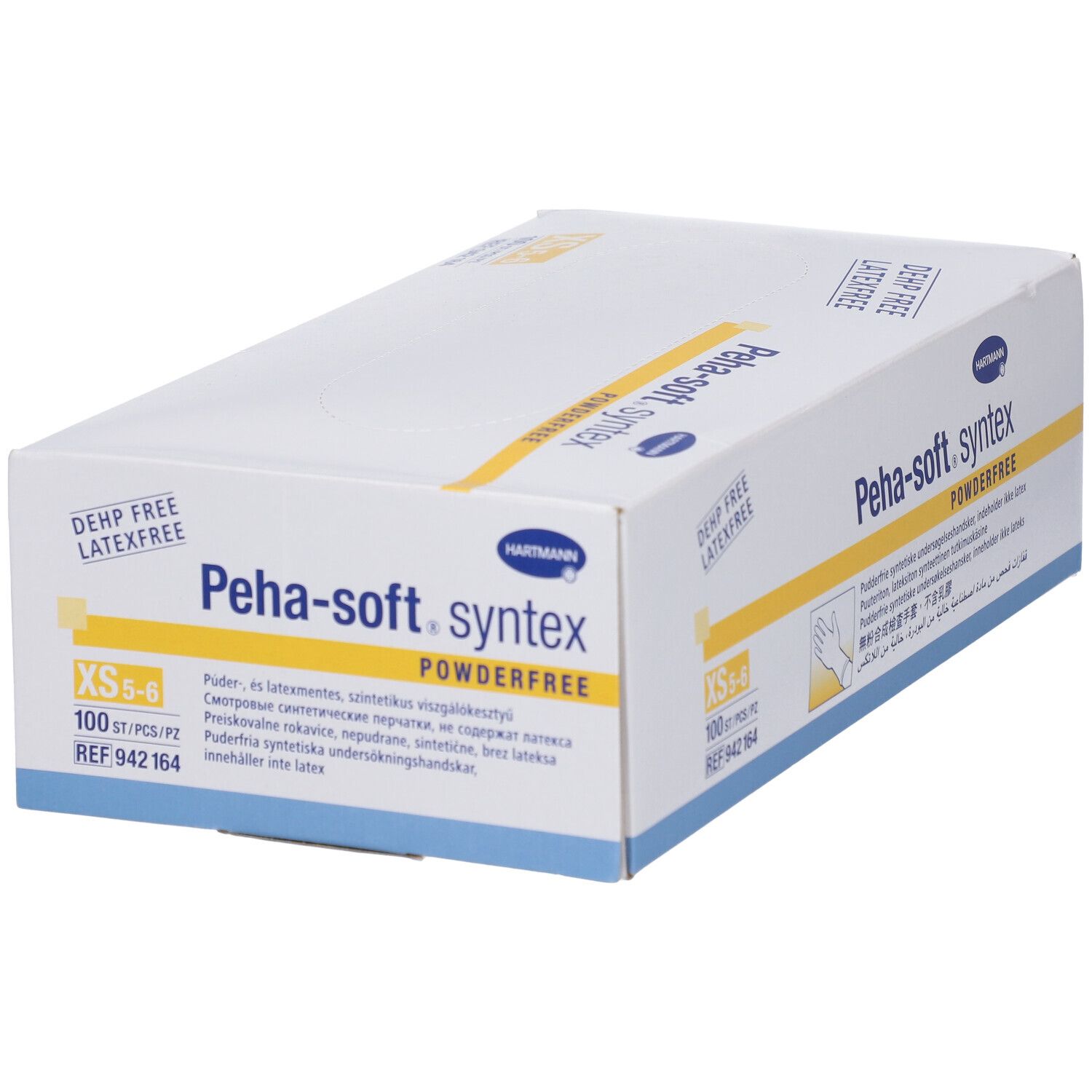 Boîte de gants Peha-soft syntex powderfree XS. Inscriptions: DEHP free, sans latex, 100 pièces, REF 942 164.