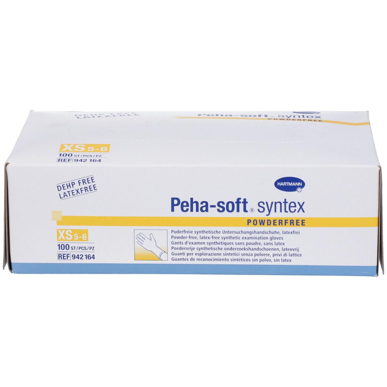 Boîte de gants Peha-soft syntex powderfree XS. Inscriptions: DEHP free, sans latex, 100 pièces, REF 942 164.
