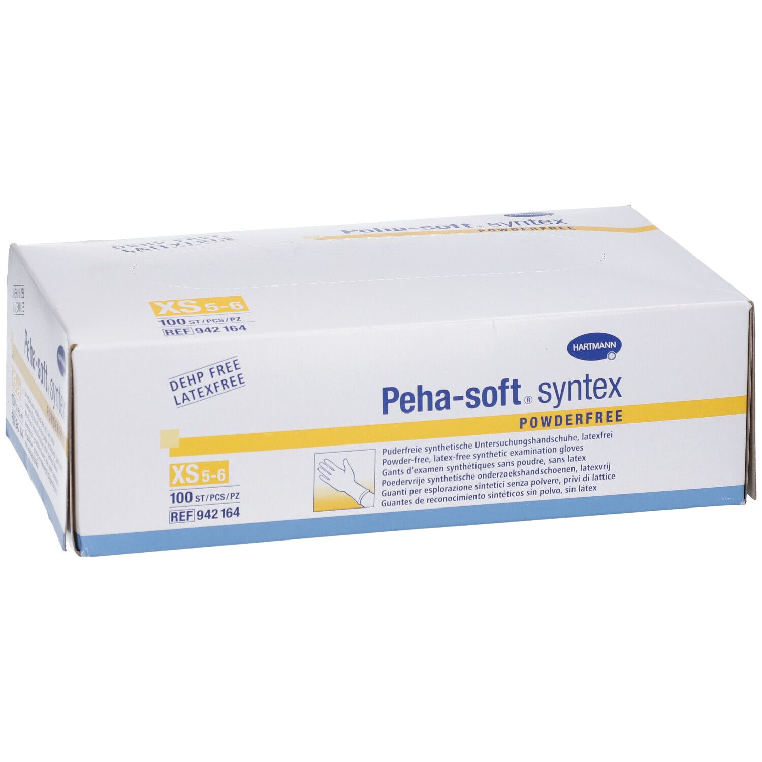 Boîte de gants Peha-soft syntex powderfree XS. Inscriptions: DEHP free, sans latex, 100 pièces, REF 942 164.