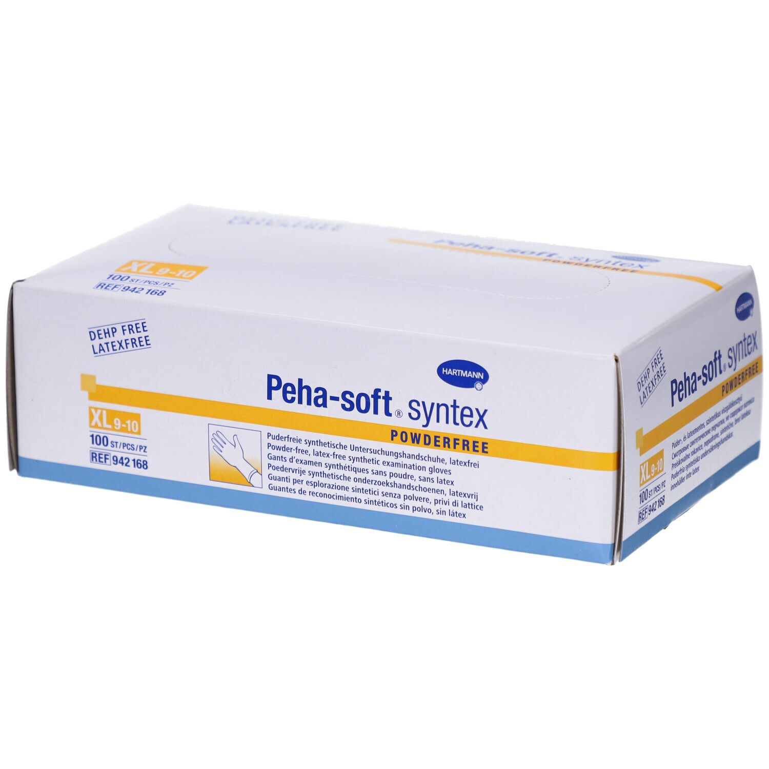 Boîte blanche avec impression du produit. Inscription : Peha-soft syntex, sans poudre, XL 9-10. Logo Hartmann. 100 pièces.