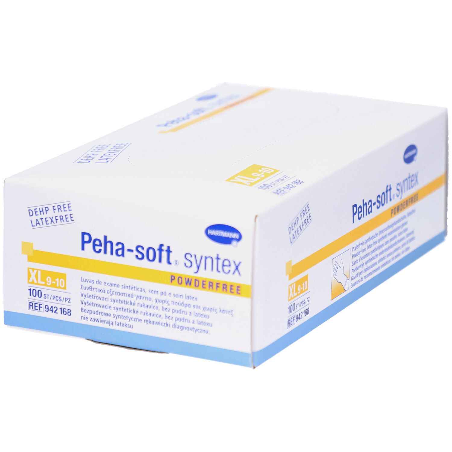 Boîte blanche avec impression du produit. Inscription : Peha-soft syntex, sans poudre, XL 9-10. Logo Hartmann. 100 pièces.