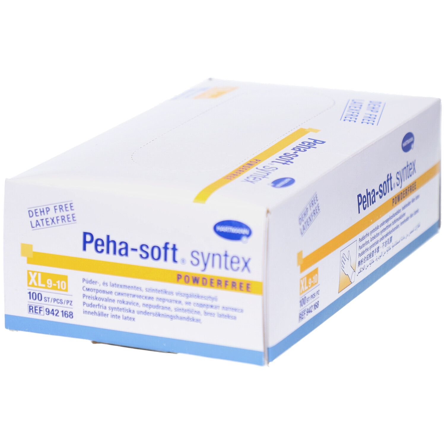 Boîte blanche avec impression du produit. Inscription : Peha-soft syntex, sans poudre, XL 9-10. Logo Hartmann. 100 pièces.