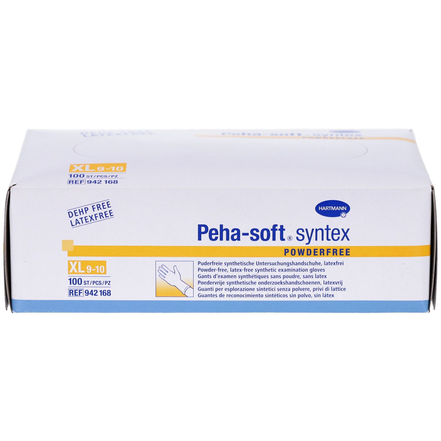Boîte blanche avec impression du produit. Inscription : Peha-soft syntex, sans poudre, XL 9-10. Logo Hartmann. 100 pièces.