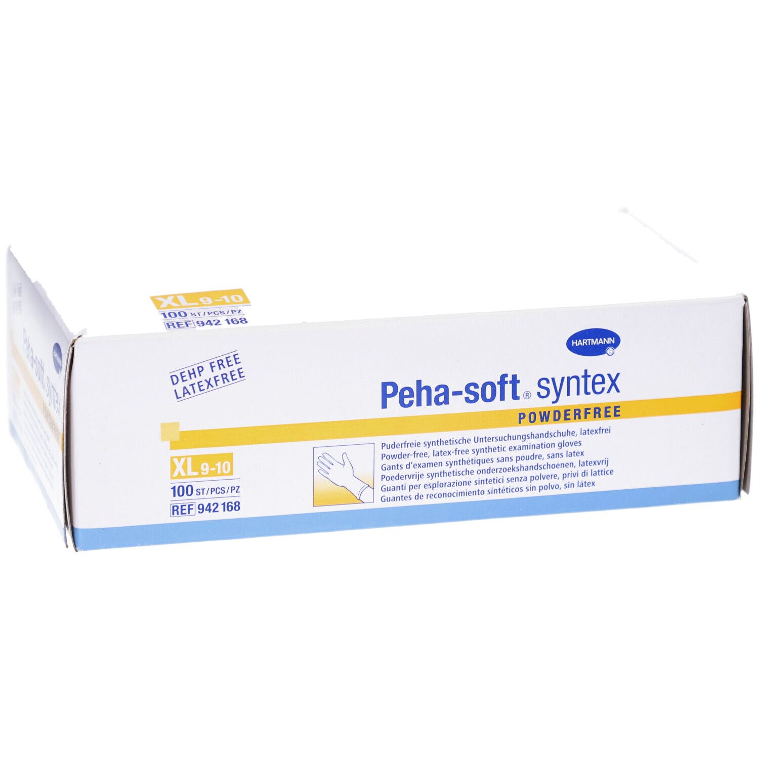 Boîte blanche avec impression du produit. Inscription : Peha-soft syntex, sans poudre, XL 9-10. Logo Hartmann. 100 pièces.