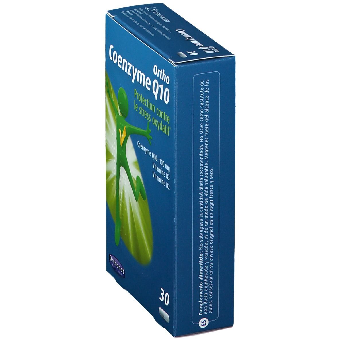 Boîte bleue "Ortho Coenzyme Q10". Inscriptions: "Protection contre le stress oxydatif", "Coenzyme Q10: 100 mg, Vitamine B3, B2". Contient 30 gélules. Vue latérale.