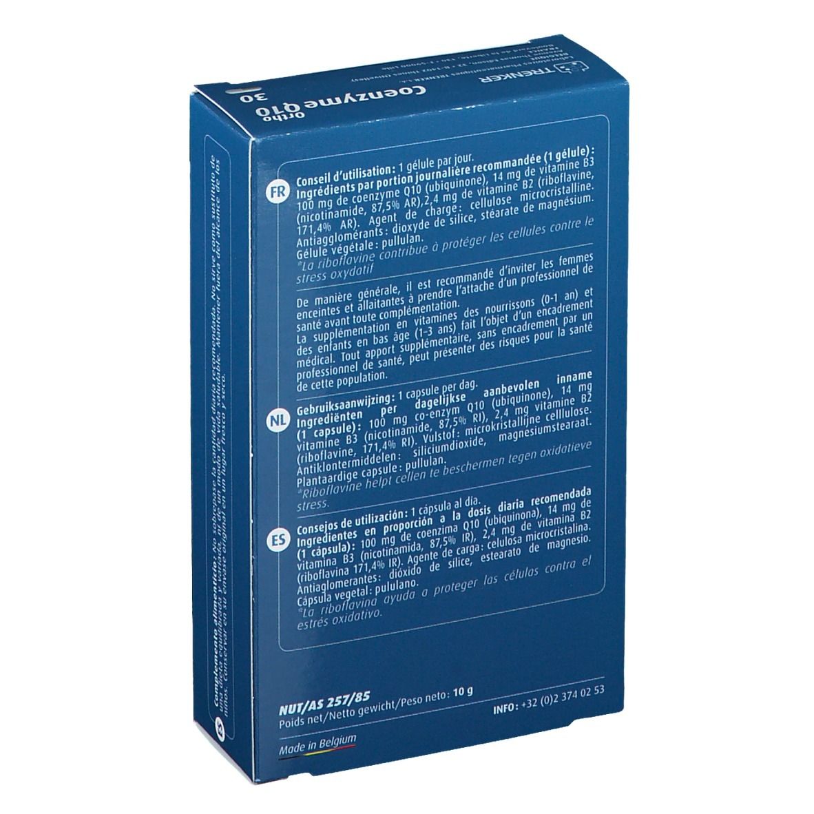 Dos de la boîte bleue "Ortho Coenzyme Q10". Texte en français et néerlandais. Contient des informations sur les ingrédients et l'utilisation.