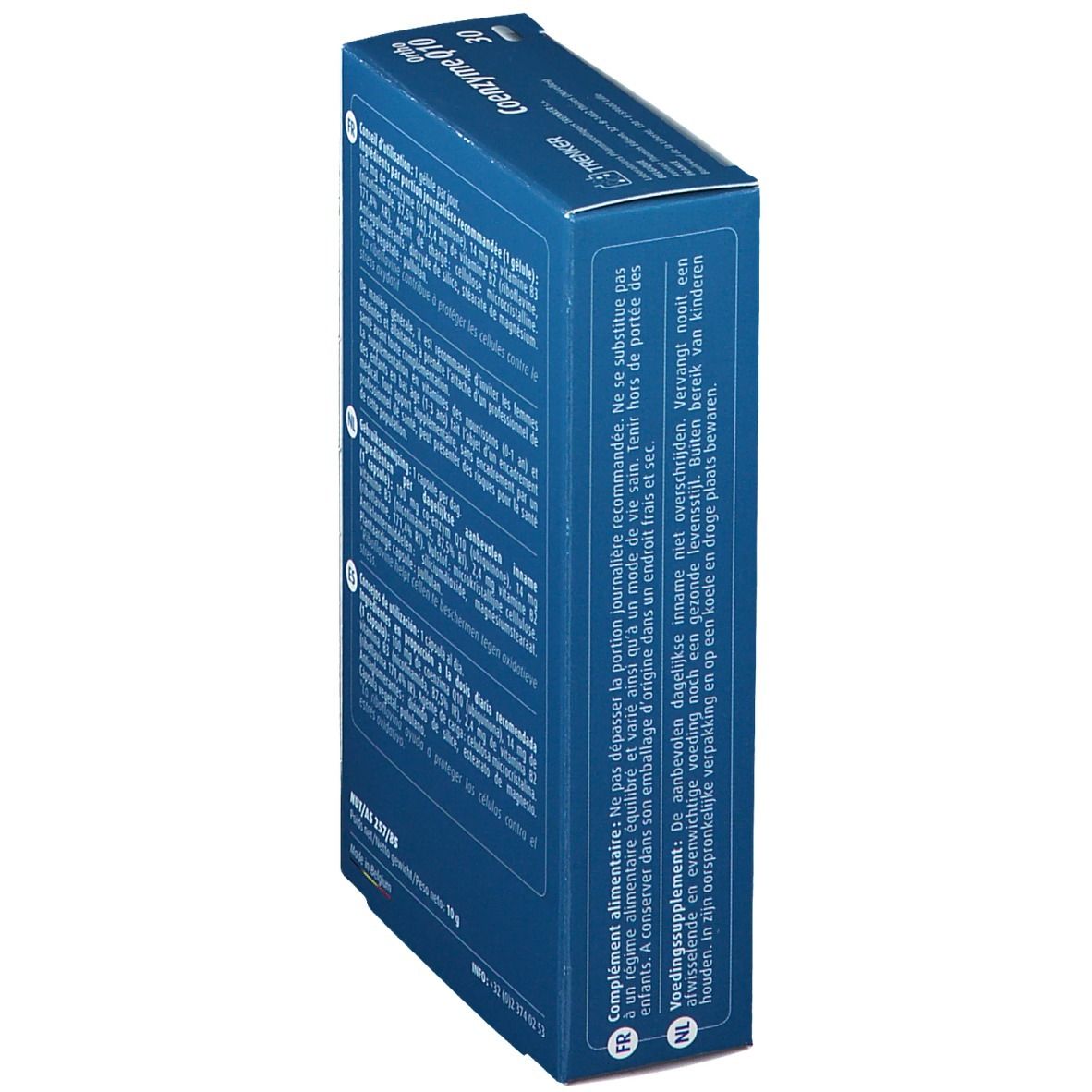 Vue latérale de la boîte bleue "Ortho Coenzyme Q10". Texte en français et néerlandais. Contient des informations sur l'utilisation et les ingrédients.