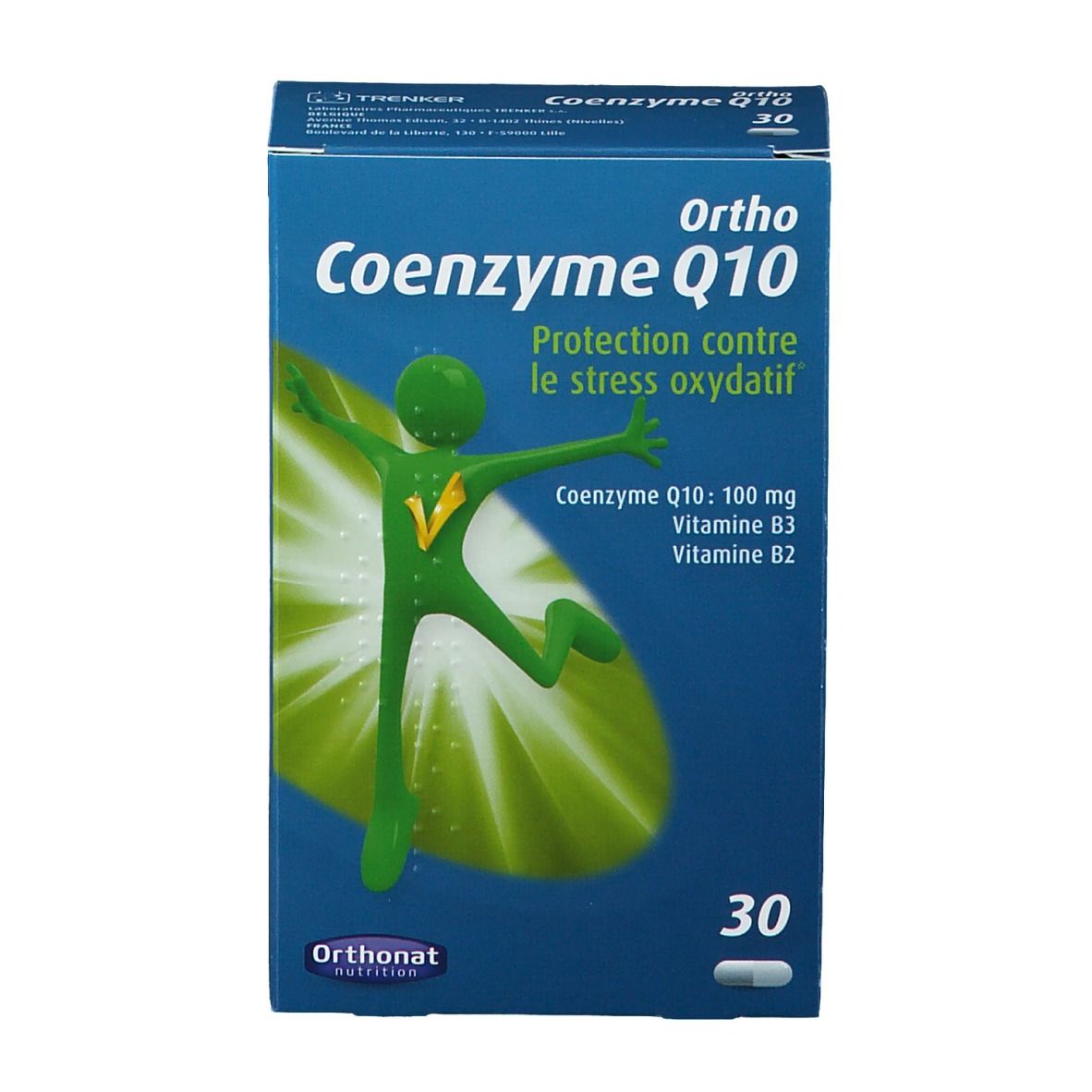 Boîte bleue "Ortho Coenzyme Q10" avec 30 gélules. Inscriptions: "Protection contre le stress oxydatif", "Coenzyme Q10: 100 mg, Vitamine B3, B2".