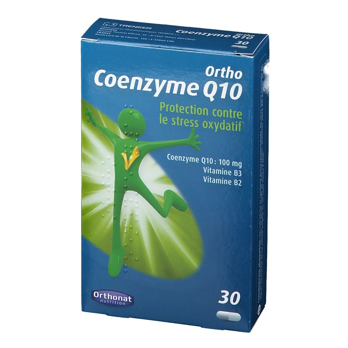 Boîte bleue "Ortho Coenzyme Q10" avec 30 gélules. Inscriptions: "Protection contre le stress oxydatif", "Coenzyme Q10: 100 mg, Vitamine B3, B2".