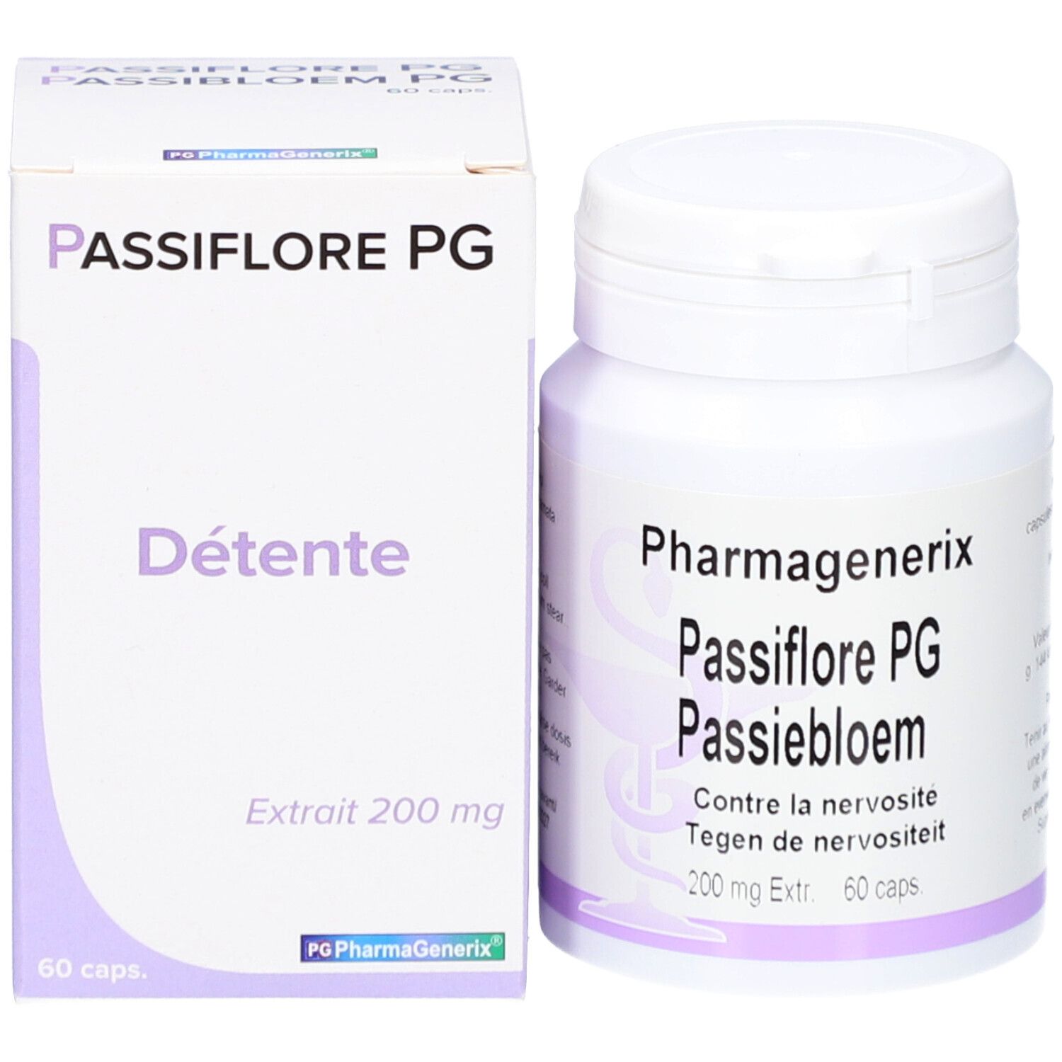 Emballage du produit avec flacon et boîte. Inscription: Passiflore PG, Détente. Flacon: 60 caps.