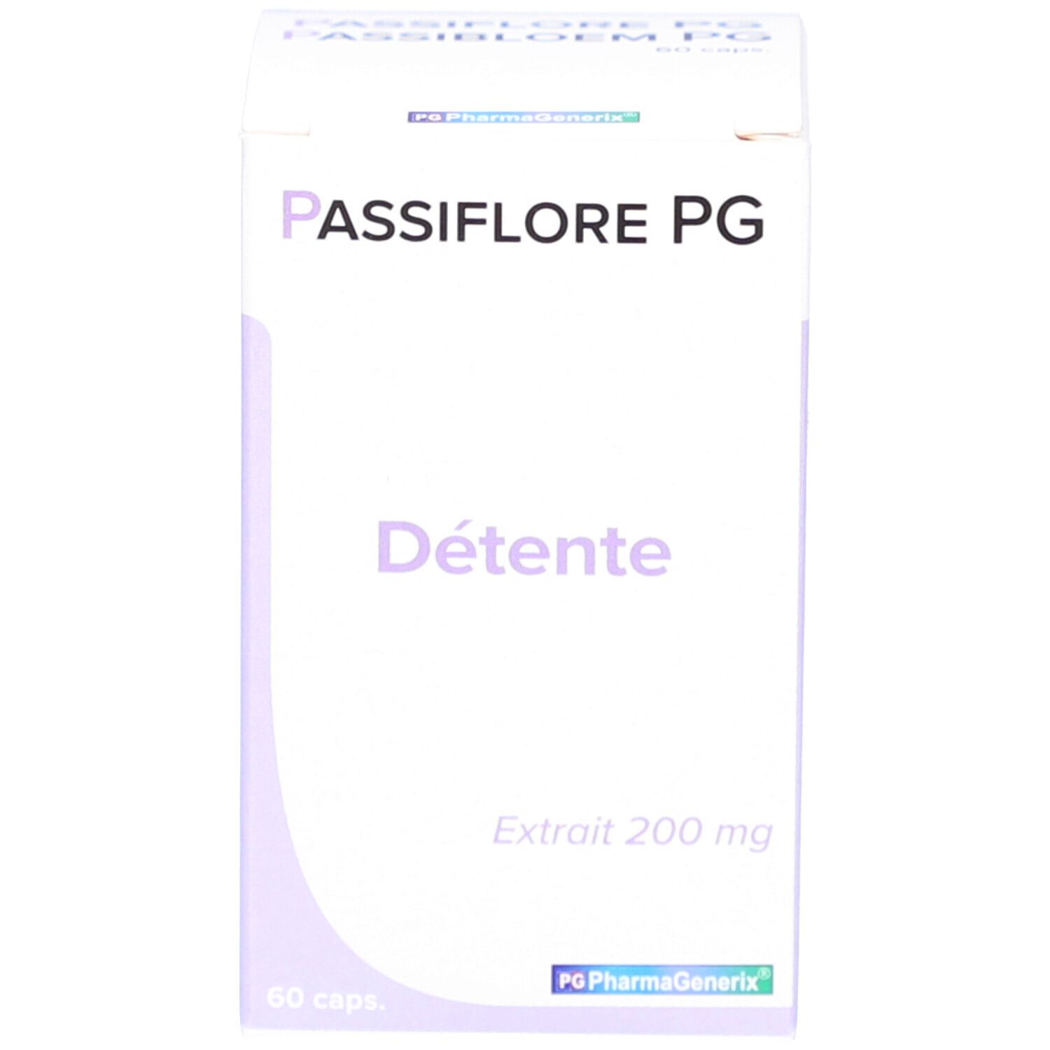 Emballage en carton. Inscription: Passiflore PG, Détente. Extrait 200 mg. 60 caps.