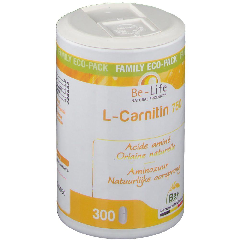 Boîte cylindrique blanche. Inscription: Be-Life L-Carnitine 750. Fond jaune. 300 gélules.