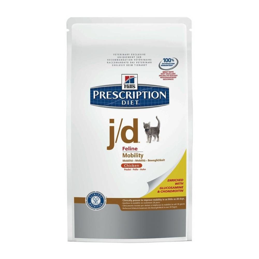 Sac de nourriture pour chats. Inscription : Hills Prescription Diet j/d Feline Mobility. Contient de la glucosamine et de la chondroïtine. Poulet.