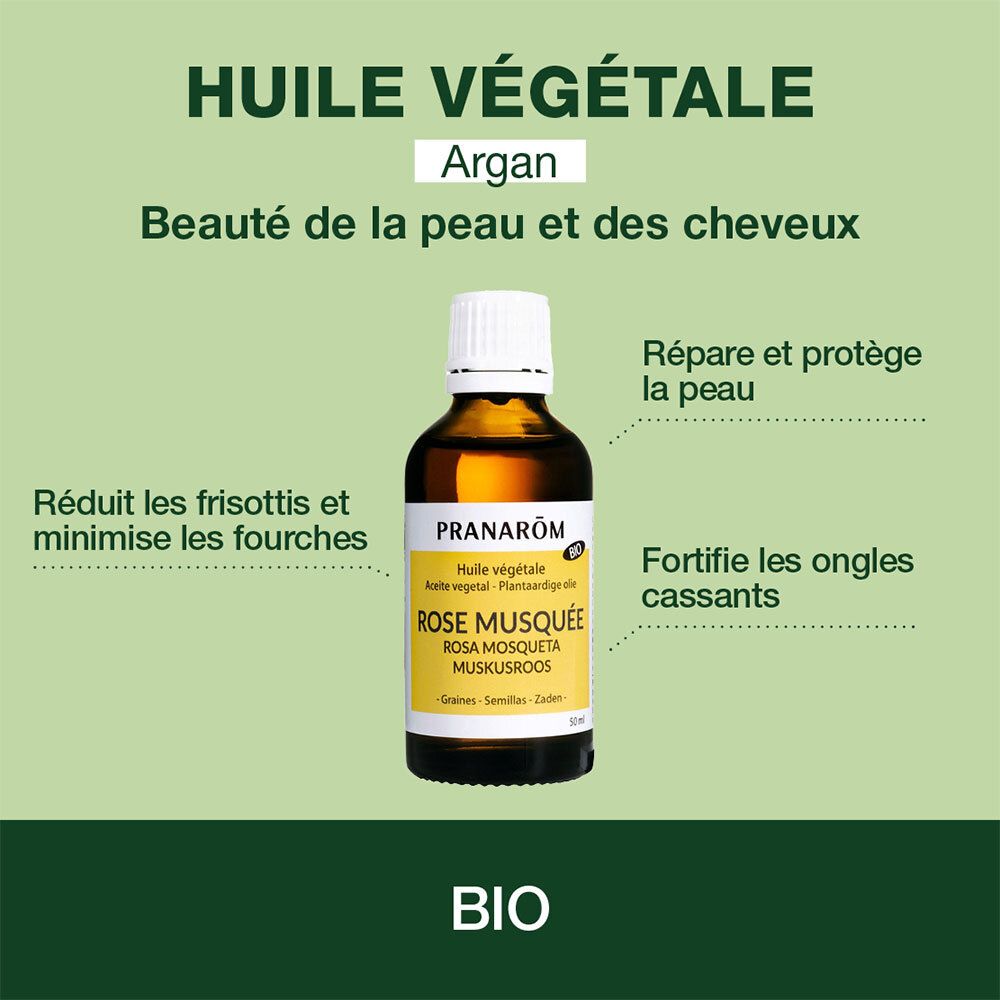 Flacon d'huile d'argan. Texte : Huile végétale, Rose musquée. Certification BIO. Pour la peau et les cheveux.