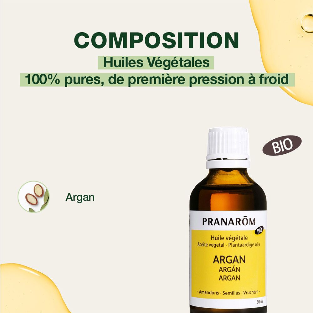 Flacon d'huile d'argan. Texte : Huiles Végétales, 100% pures, première pression à froid. Certification BIO.