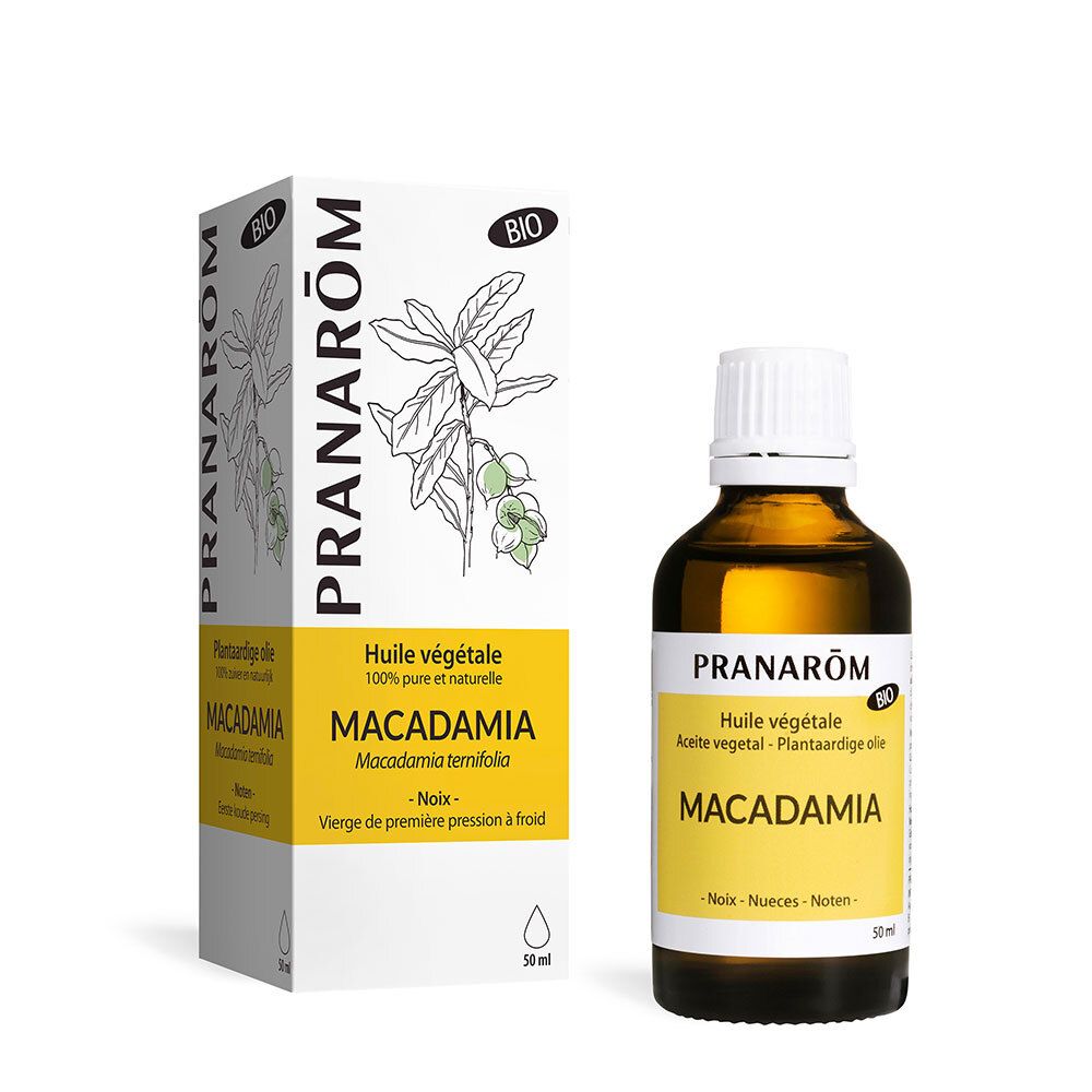 Huile végétale Macadamia Pranarom Bio. Flacon et boîte. Certification BIO. 50 ml.