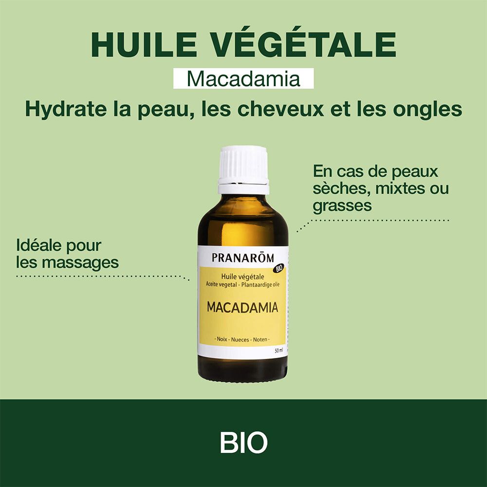 Huile végétale Macadamia Pranarom. Flacon. Pour peau, cheveux et ongles. BIO.