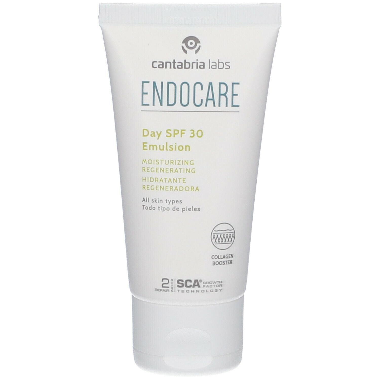Tube blanche avec texte vert: ENDOCARE Day SPF 30 Emulsion. Contient Collagen Booster et SCA 2. Pour tous types de peaux.