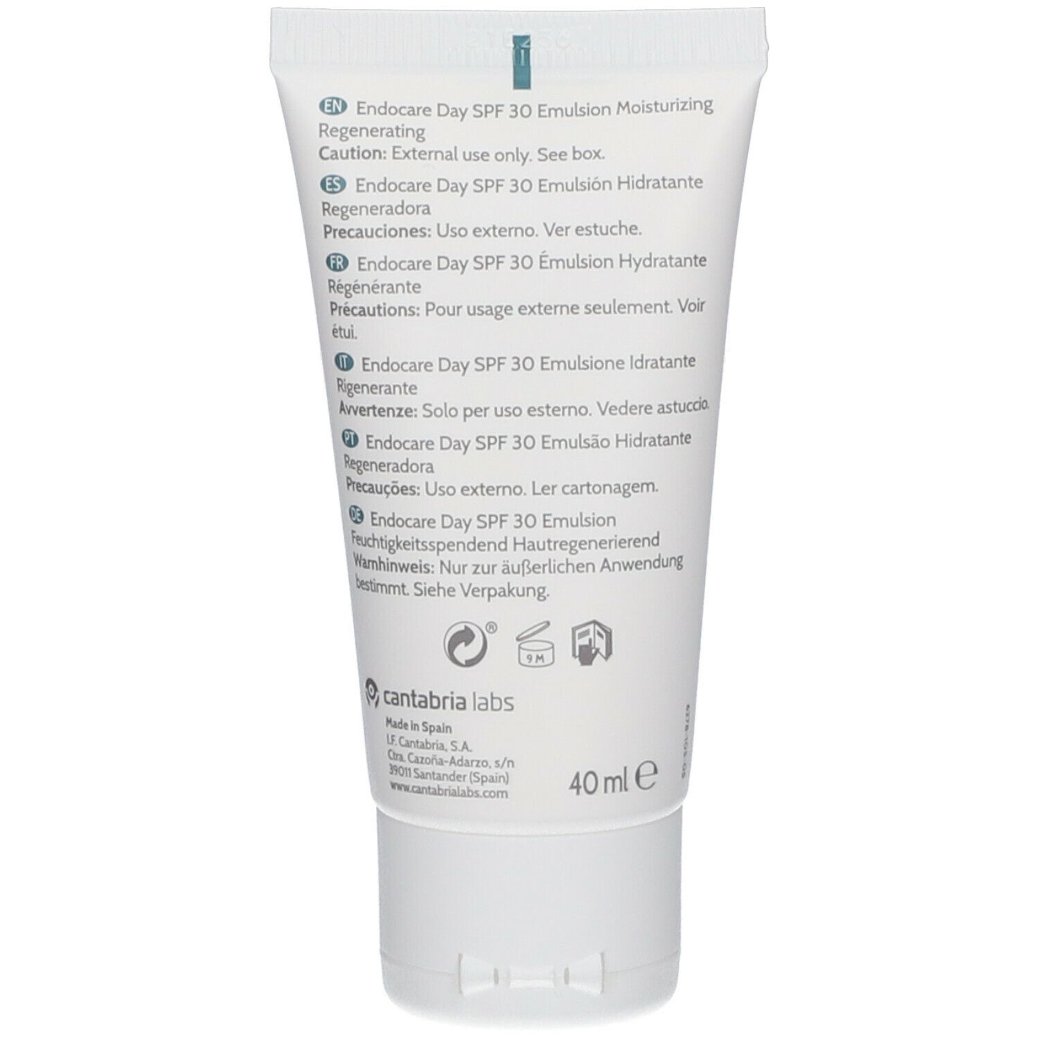 Dos d'un tube blanc. Texte multilingue: ENDOCARE Day SPF 30 Emulsion. 40 ml. Fabricant: Cantabria Labs.