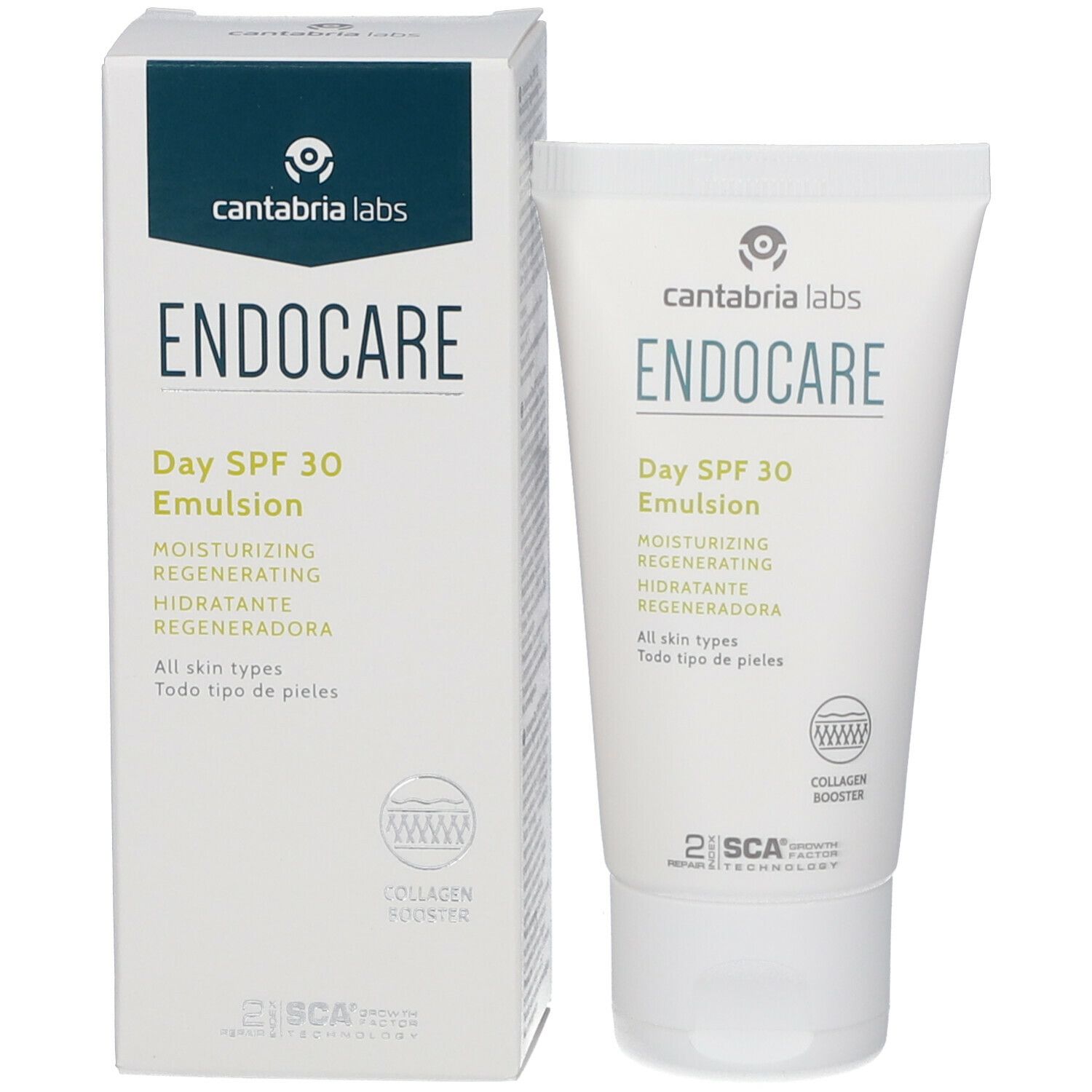 Emballage du produit: tube et boîte. Tube: ENDOCARE Day SPF 30 Emulsion. Boîte: ENDOCARE. Collagen Booster et SCA 2.