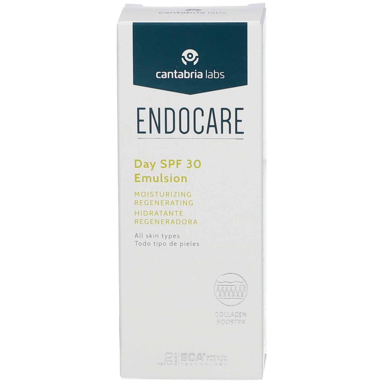 Emballage blanc du produit. Texte: ENDOCARE Day SPF 30 Emulsion. Pour tous types de peaux. Collagen Booster et SCA 2.