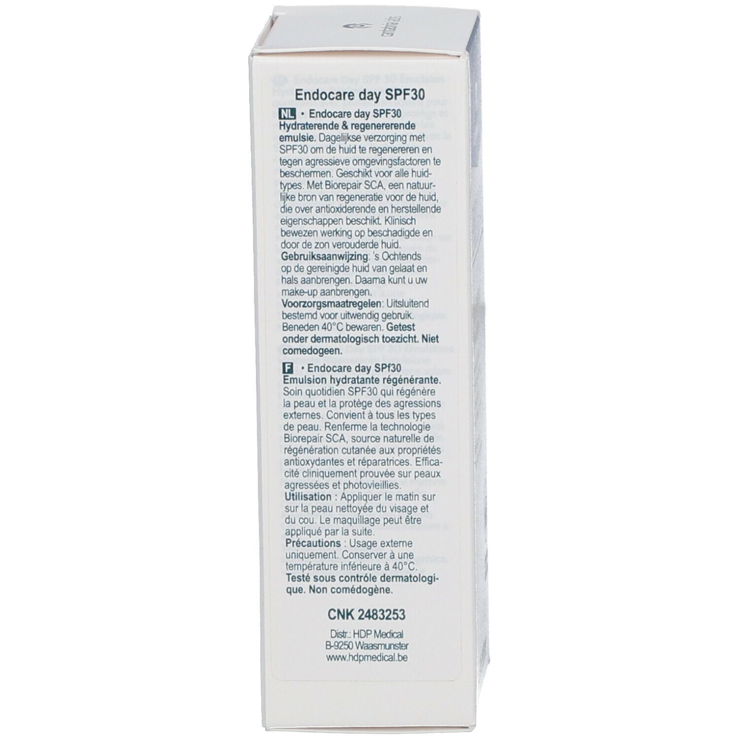 Dos de l'emballage du produit. Texte en néerlandais et français: ENDOCARE Day SPF30 Emulsion. Mode d'emploi.
