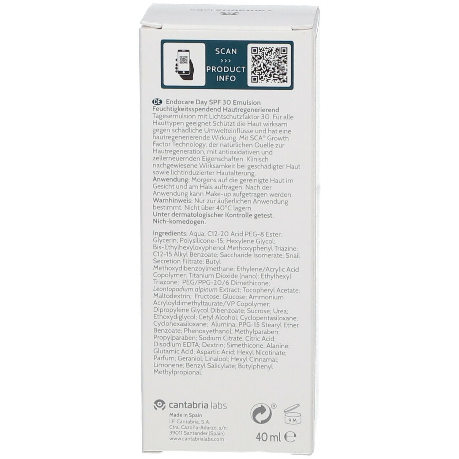 Dos de l'emballage du produit. Texte multilingue: ENDOCARE Day SPF30 Emulsion. Ingrédients, informations fabricant.
