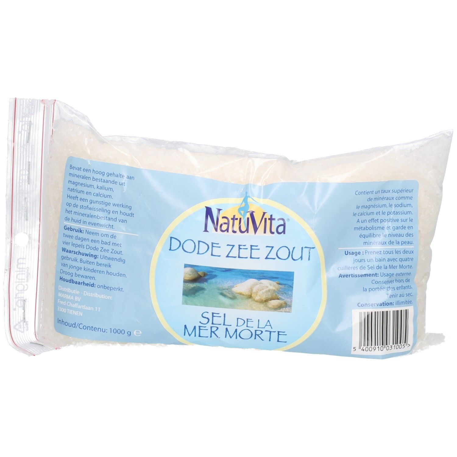 Sel de la Mer Morte Natuvita, sachet de 1000g avec étiquette bleue et image marine.