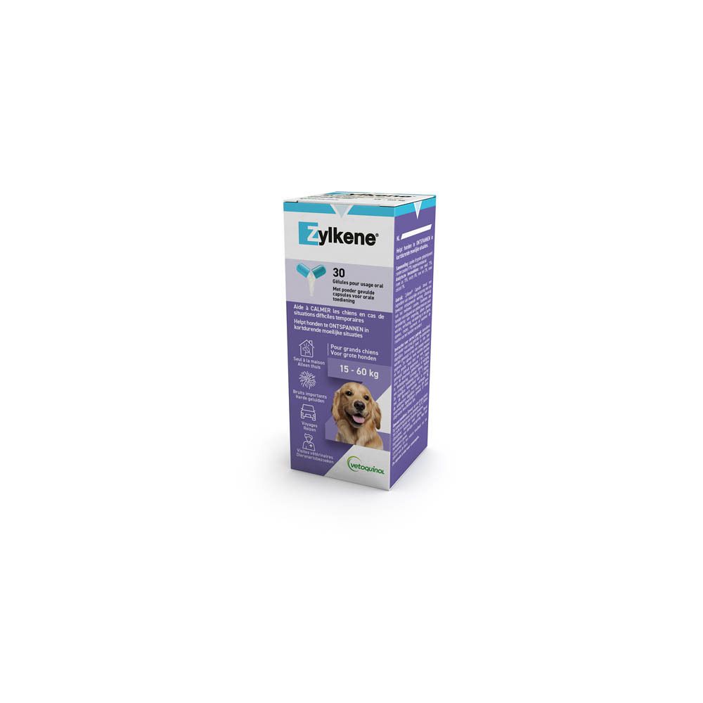 Boîte Zylkène. Texte: 30 gélules, aide les chiens en situations de stress. Photo de chien. Logo Vetoquinol.