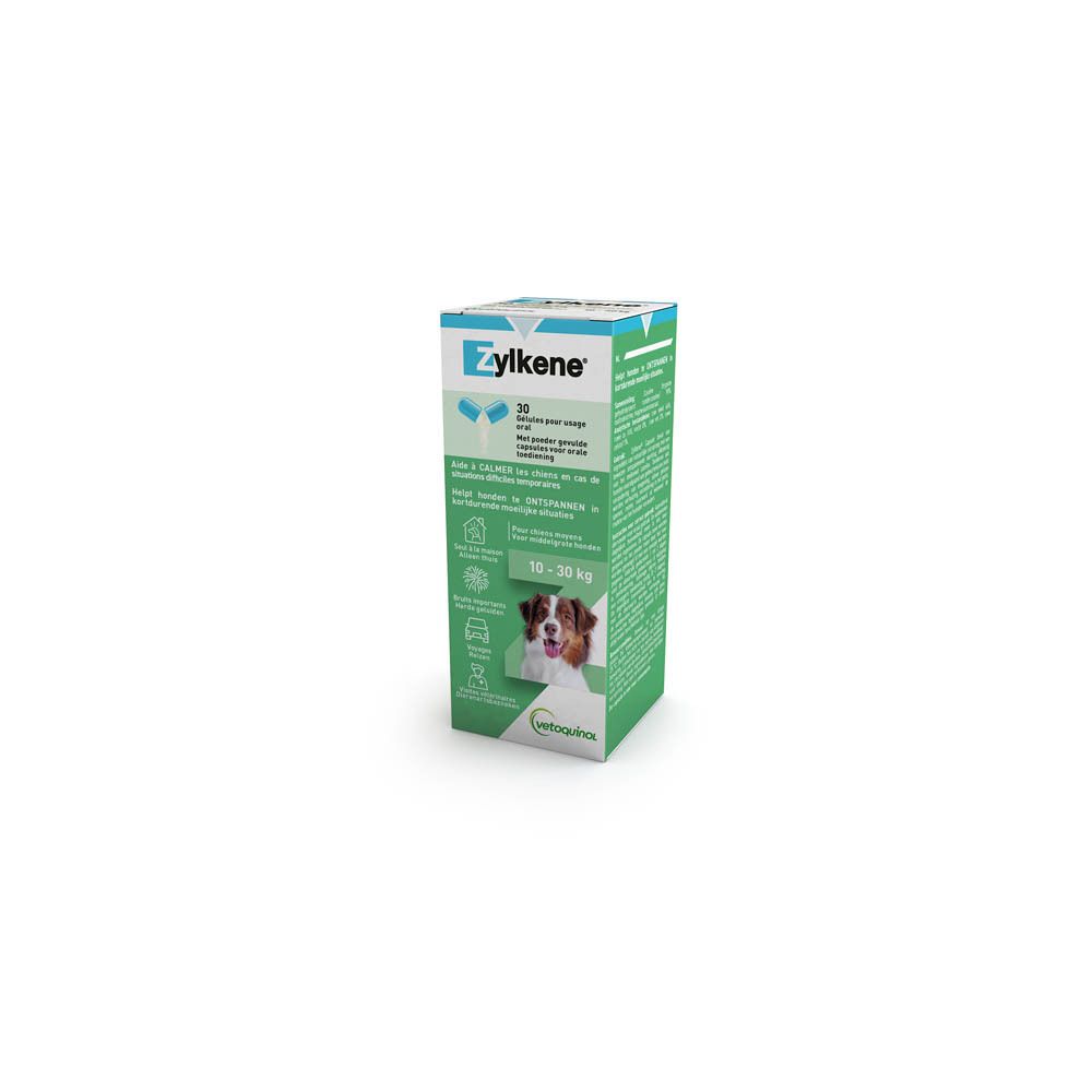 Boîte. Inscription: Zylkène. 30 gélules. Image d'un chien. Vert et blanc.