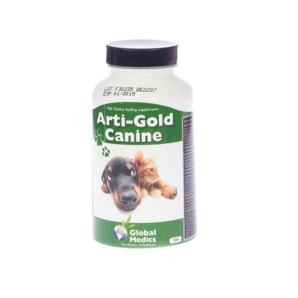 Pot 'Arti-Gold Canine' avec chiot et chaton, inscription 'Joint Care'.