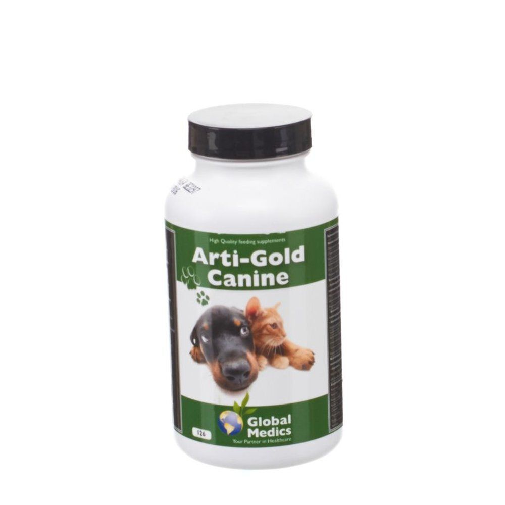 Pot 'Arti-Gold Canine' avec chiot et chaton, logo 'Global Medics'.