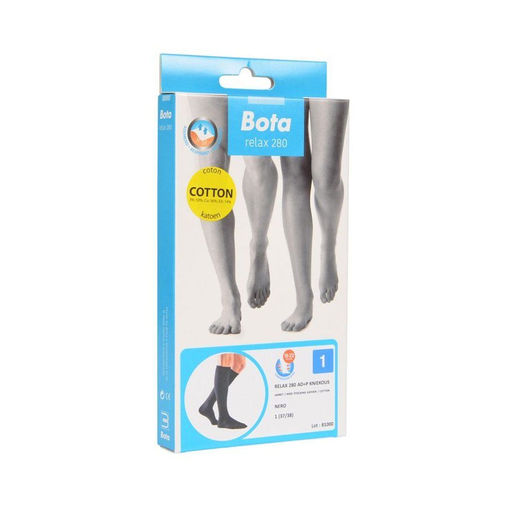 Emballage des bas genoux Bota Relax 280. Impression avec nom du produit, tailles et illustrations.