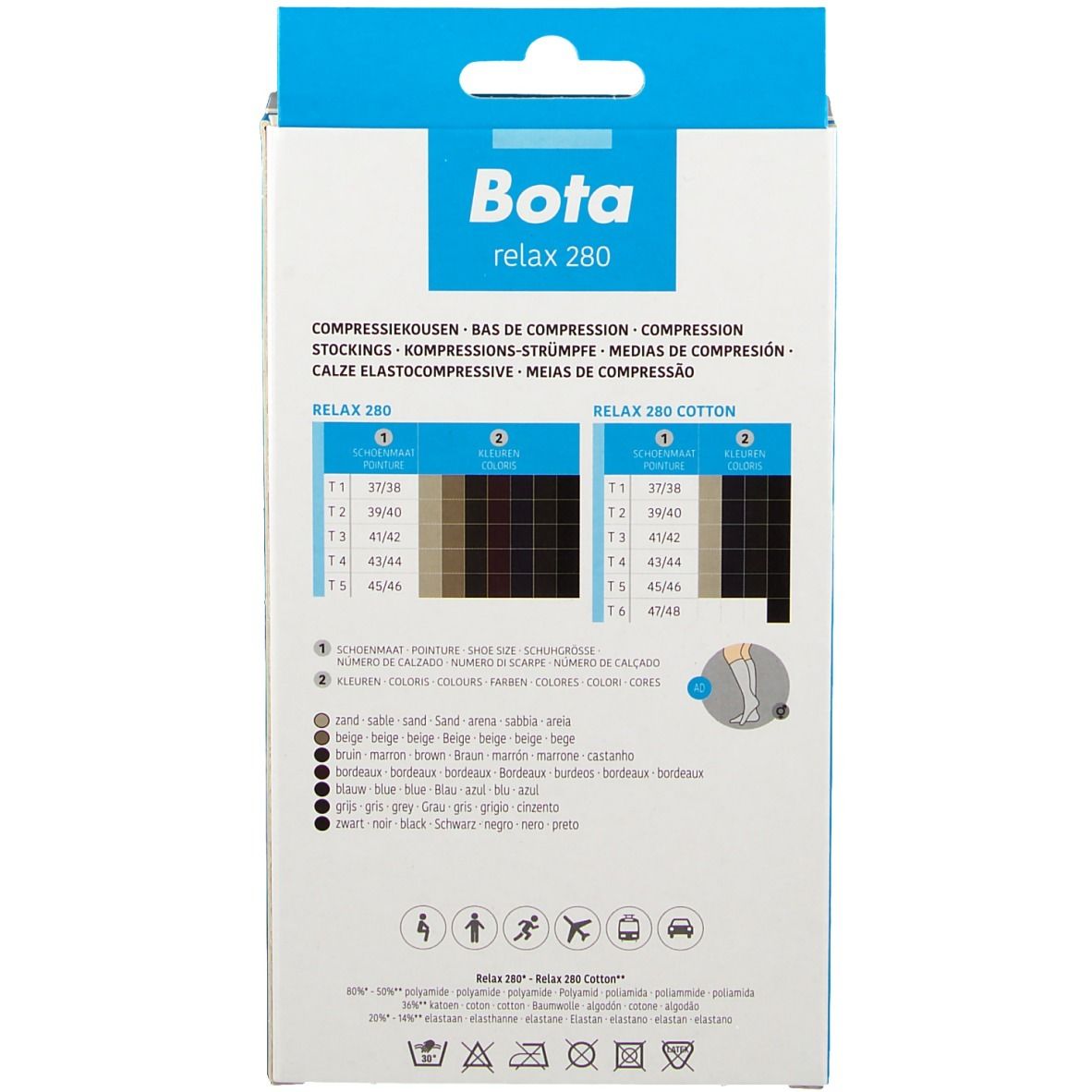 Dos de l'emballage avec tableau des tailles et sélection de couleurs pour les bas genou Bota Relax 280. Nom et logo du produit.