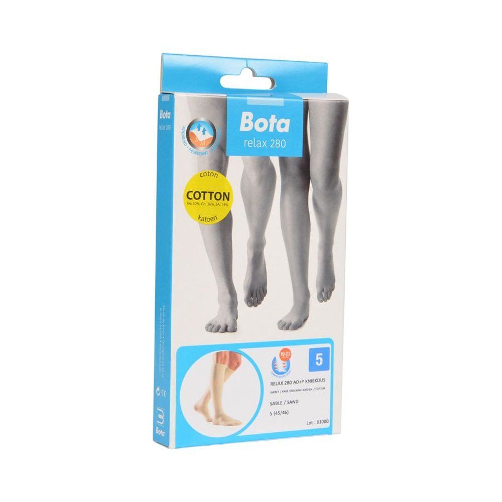 Emballage pour bas genou Bota Relax 280. Chaussettes couleur sable illustrées. Taille 5 (XL/XXL).