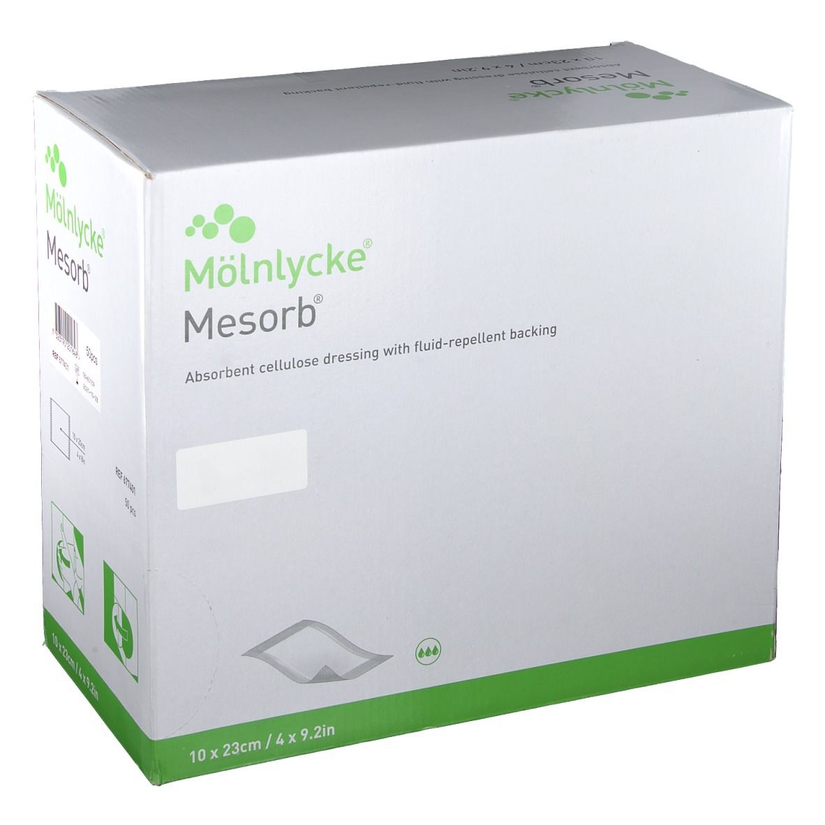 Boîte de compresses Mesorb. Fabricant : Mölnlycke. Dimensions : 10 x 23 cm. Pansement absorbant en cellulose avec dos hydrofuge.