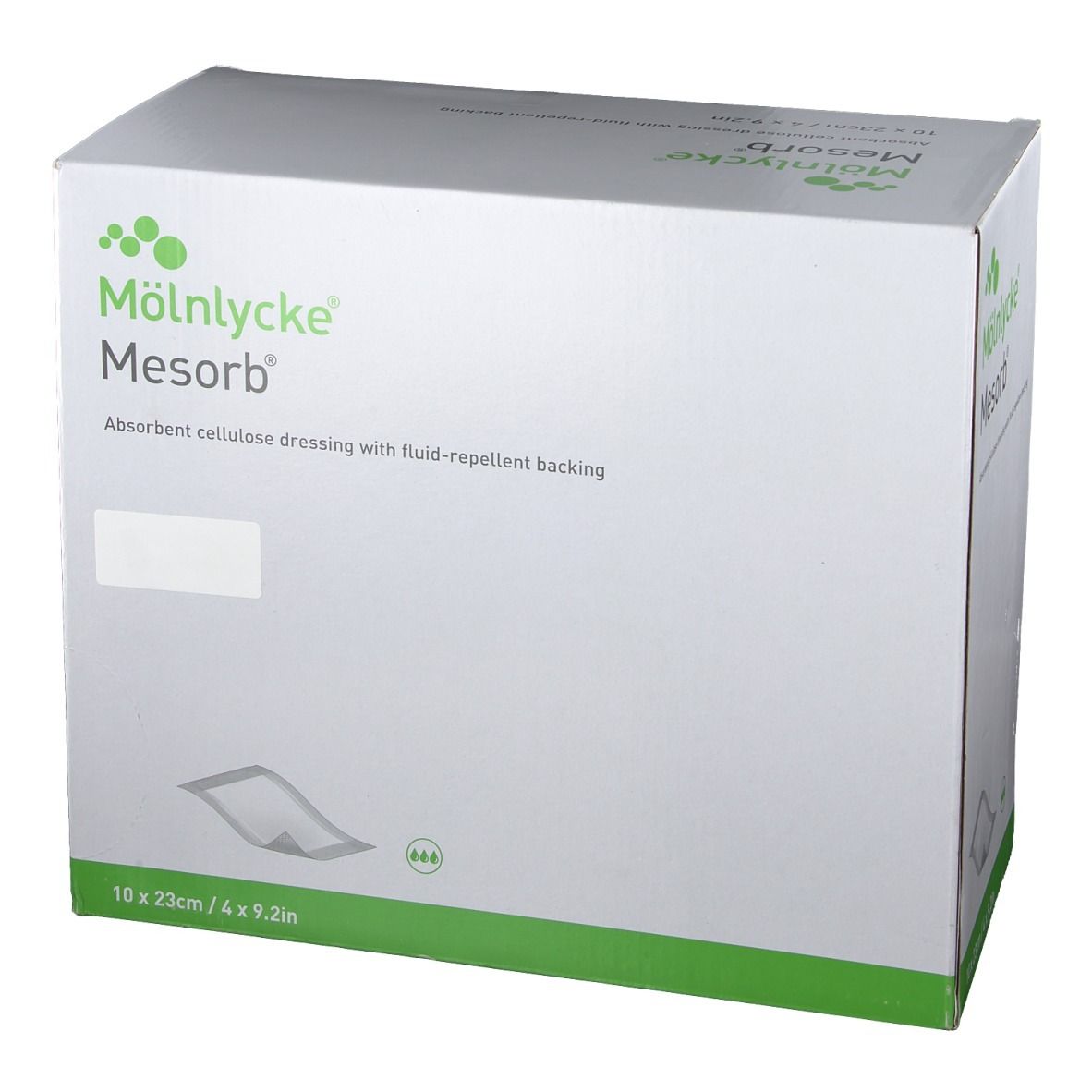 Boîte de compresses Mesorb. Fabricant : Mölnlycke. Dimensions : 10 x 23 cm. Pansement absorbant en cellulose avec dos hydrofuge.