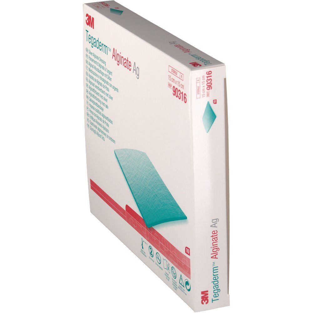 Vue latérale de la boîte 3M Tegaderm Alginate Ag. Pansement carré, 15 x 15 cm. Inscriptions : 3M, nom du produit, taille, numéro d'article.