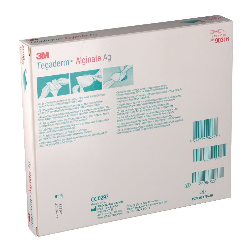Dos de la boîte 3M Tegaderm Alginate Ag. Contient des informations et un code-barres. Marquage CE.