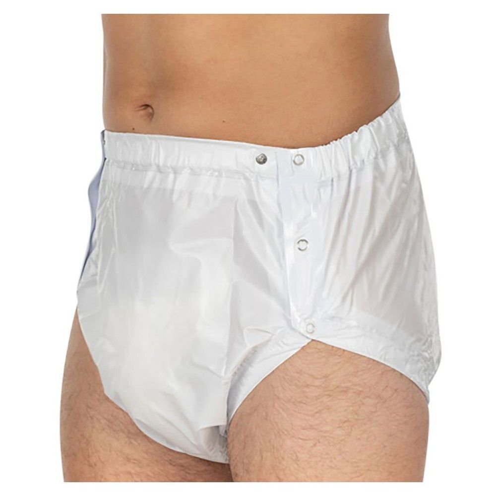 Slip en PVC blanc, boutonné sur le côté. Boutons visibles. Pour incontinence.