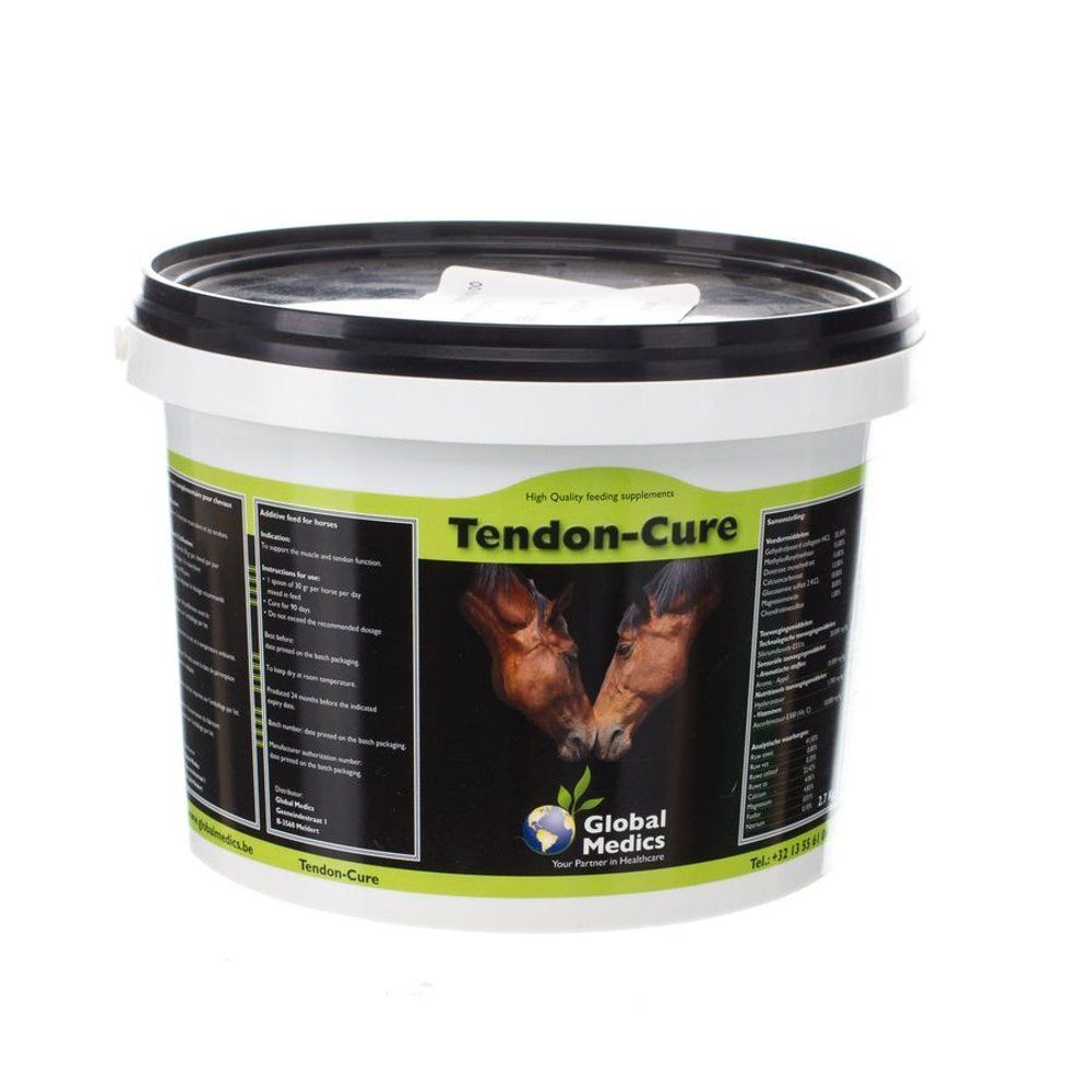 Complément alimentaire pour animaux Tendon-Cure dans un seau blanc à couvercle noir. Comprend des images de chevaux et des informations produit.